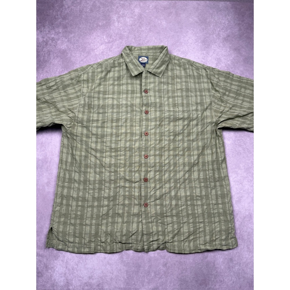 VTG Tommy Bahama 100% Linen Mens XL‎ Plaid Check Button Shirt Sage Green Classic